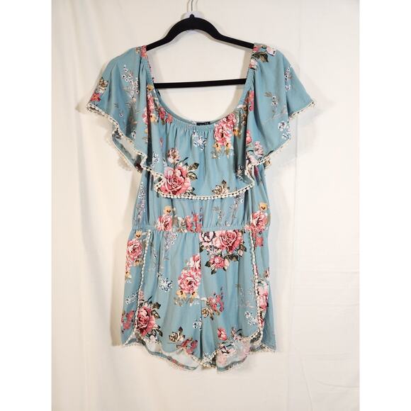 Rue 21 $34 Large Baby Blue Rose Print Off Shoulder Romper Crochet Trim - Picture 1 of 8